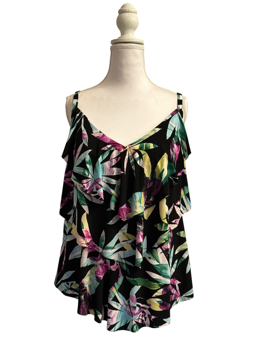 Aqua Green Tropical Ruffle Swim Top in Black with Green & Pink Leaf Print